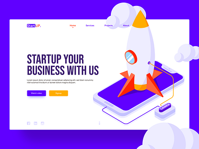 Startup Landing Page color colorful header illustration iphone isometric landing page rocket smartphone startup ui ux ux design web website