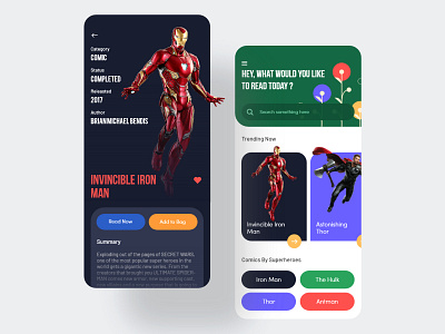 Online Comics Store app ui book clean color palette comics design ebook ecommerce ios iron man landing page marvel comics online order prateek reading app superheros ui ux website