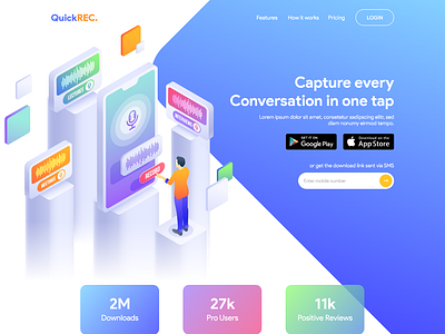 Voice Notes App Landing page app app ui header isometric landingpage ui ux vector voice note web web ui website