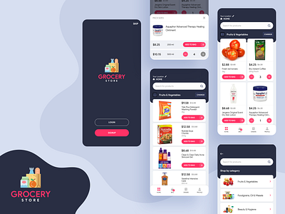 Grocery App UI Screens app application appui branding clean colors design ecommerce grocery grocery online iphone minimal online shopping store ui ux vegetables