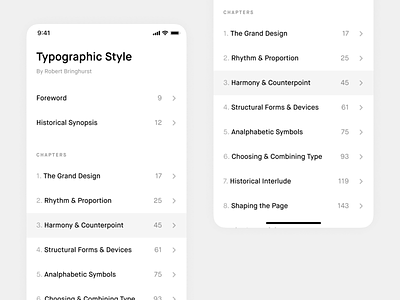 Table of contents app book clean design list minimal shiftnudge typography ui ux