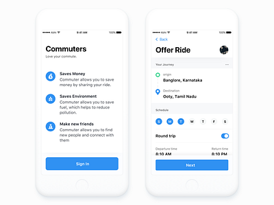 Commuters - Car Pooling App abhishek app car pooling clean dailydesign dailyui design ios minimal social ui ux