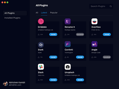 Dribble Plugins Panel with Dark theme adobe adobexd animation app dark design interaction madewithadobexd minimal ui ux