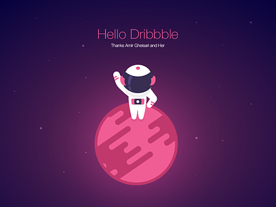 Hello Dribbble astronaut debut first shot flat hello planet space vector