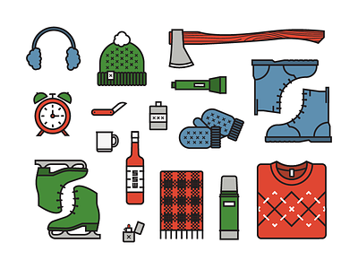 Winter Survival Icons axe beanie boots canteen earmuffs flashlight flask ice skates scarf sweater whiskey winter