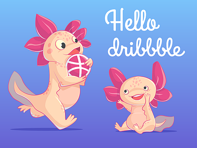 Hello dribbble axolotls character hello invitation