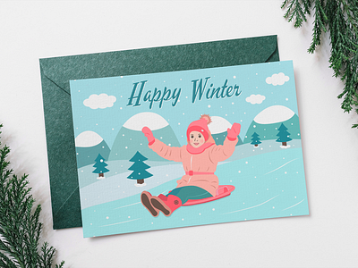 Winter postcard child envelope green happines snow tree winter