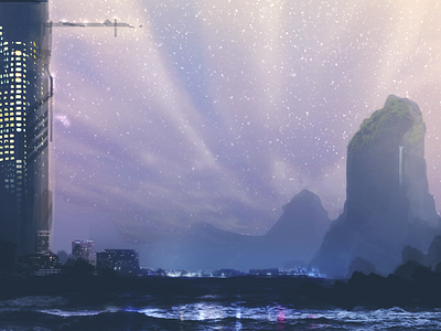 Planet and Star series #3 building cliffs matte mountains painting planet sky skyscraper space stars water