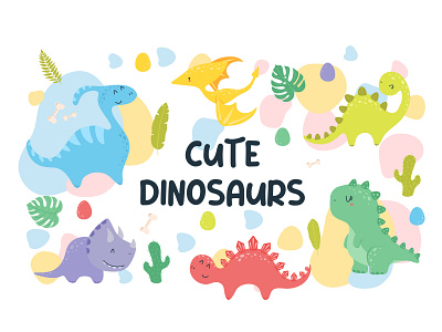 Set of Cute Cartoon Kawaii Dinosaurs