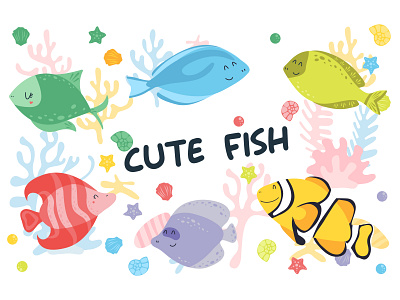 Cartoon of Fishes, Cute Vector Clip Art Fish animal animals aquarium aquatic cartoon collection colorful cute fish funny graphic illustration isolated marine nature nautical ocean sea tropical underwater