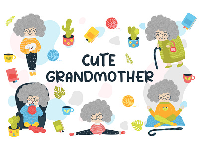 Cute Curly Grandmother, Cartoon Woman adult beautiful cartoon character clipart cute decoration family grandmother grandparent graphic gray haired hair human illustration lady old print vector woman