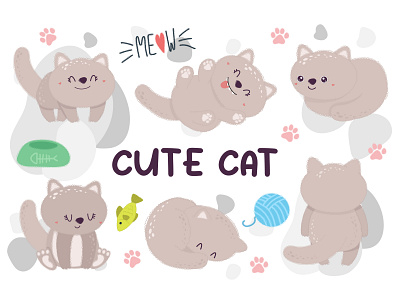 Illustration Set of Cute Kawaii Cats art beautiful cartoon cat character children clip art cute domestic feline illustration kawaii kitten kitty little mammal paw pet presenting vector