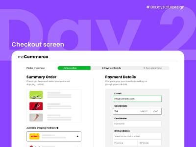 Checkout screen - Daily UI challenge day 2 100daysofuidesign 100daysofuidesignchallenge appdesign branding design dribbble redesign ui uidesign uidesigner uitrends userecperience userinterface ux uxdesign uxdesigner uxui webdesign webdesigner