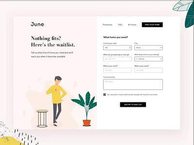 June Homes | Wait List ae form form design fun green humans illustration plant principle time ui waiting waitlist web webdesign website