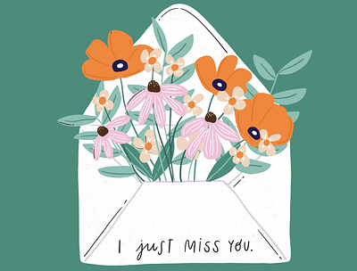 I Just Miss You Envelope bright colorful envelope illustration floral illustration fun hand drawn illustration whimisical