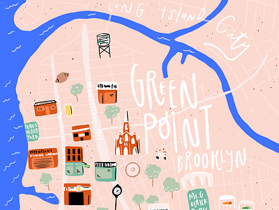 Greenpoint Map Illustration bright colorful fun hand drawn illustration map map illustration whimisical