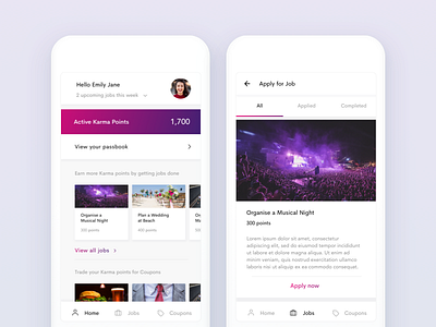 Karma Xchange App UI android app coupons ecommerce home ios jobs photo points scroll tabs ui