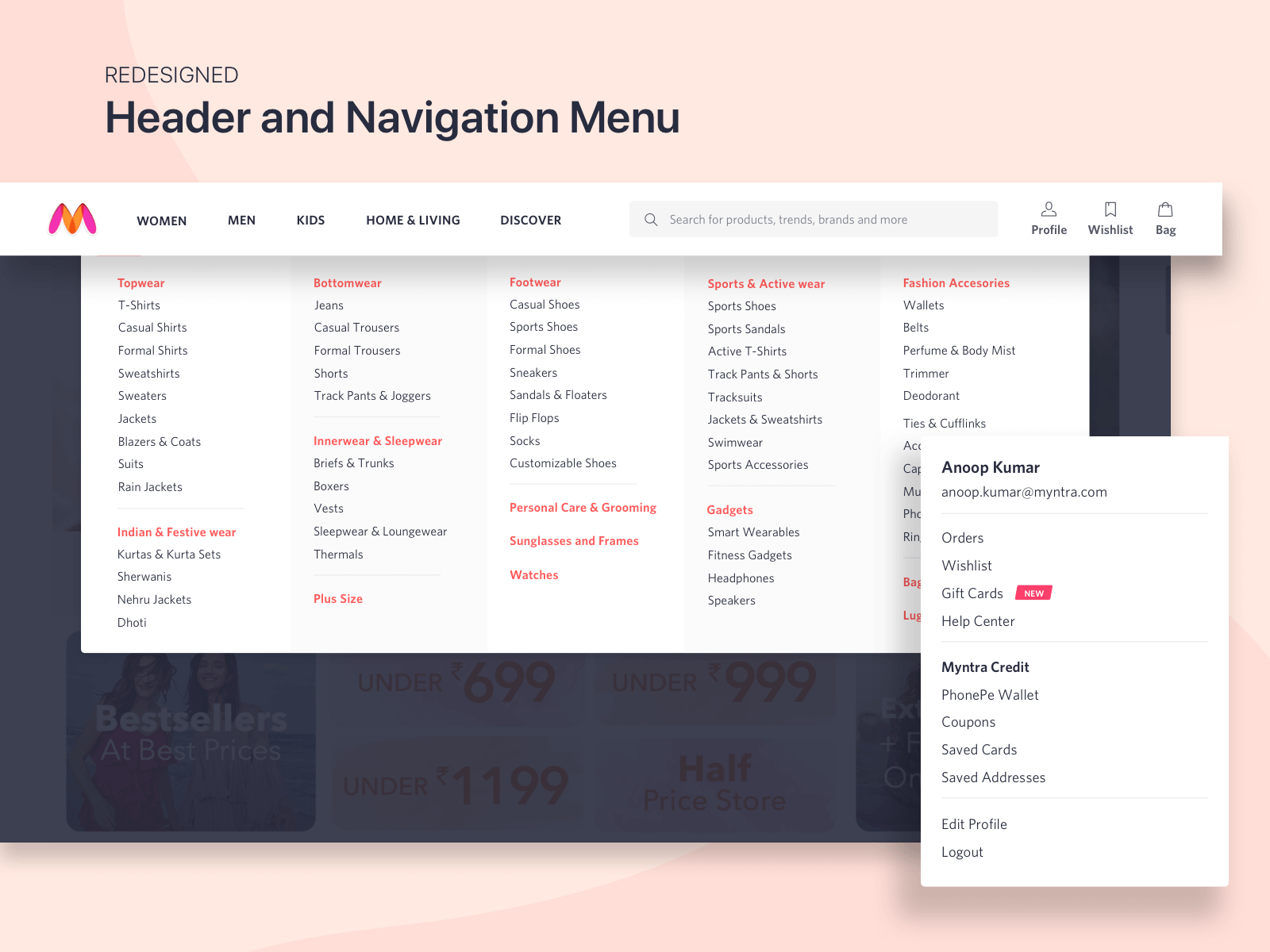 Redesigned Header and Navigation Menu for Myntra