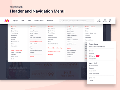 Redesigned Header and Navigation Menu for Myntra