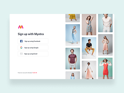 Sign up Redesign Concept For Myntra concept desktop ecommerce fashion imagery log in myntra redesign sign up social icons ui ux website