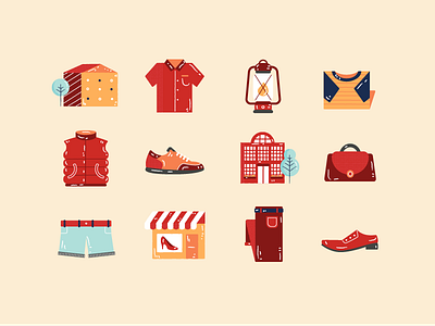 Shopping buildings camping clothes dress shoes flat art mall orange pants purse red shopping trees
