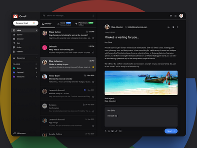 Gmail redesign concept | Dark mode app chat design email google inbox interface mail mailbox message messenger minimal ui ux