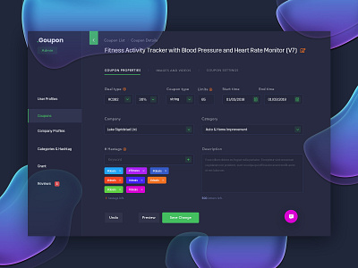 Coupons Setting Dashboard cms coupon dark ui dashboard dashboard design deal ecommerce hashtag keyword management portfolio product profile sale setting web