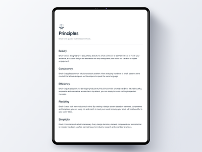Design System Principles for Email Kit design system docs documentation email email design emailkit guidebook minimal minimalist style guide tablet vouchful