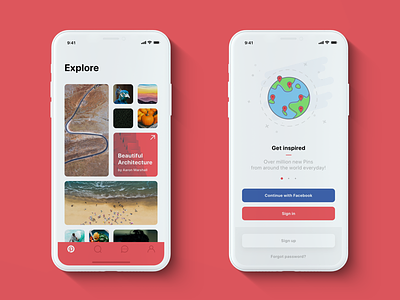 📌 Pinterest — iPhone X redesign: Home & Onboarding clean ios iphone photos pinterest red ui ux white x