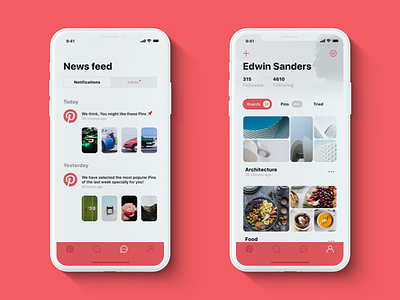 📌 Pinterest — iPhone X redesign: Notifications & Profile clean ios iphone photos pinterest red ui ux white x
