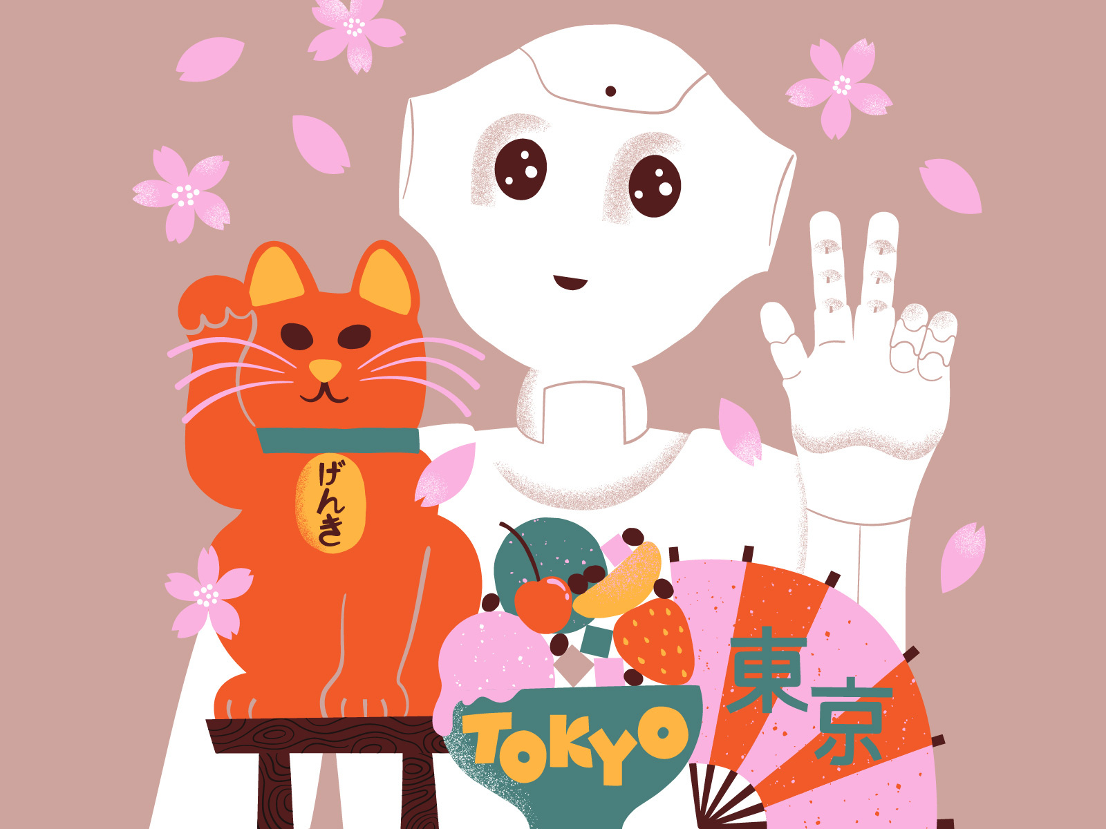 Greetings from Tokyo calendar 2021 cherry blossom city illustration color palette colorful flat color hanami illustration japan japanese japanese style leena kisonen lucky cat robot robot illustration scandinavian scandinavian style souvenir tokyo travel illustration