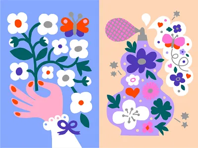 Flowers for you colorful colors cute feminine illustration finnish design finnish illustration flat color floral flowers greeting card illustration illustrator leena kisonen nature illustration pastels perfume perfume bottle scandinavian scandinavian style summer