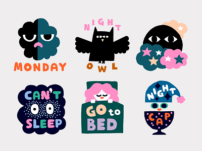 Stickers for sleepyheads app blinks character design cute flat color friendly ios10 night pastels sleep stickers