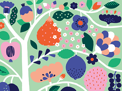 Fruit Tree busy colorful flat color flowers forest fruits illustration leena kisonen nature plants spring tree