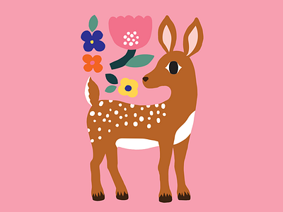 Bambi animal bambi character design cute dots flat color flowers friendly greeting card illustration nature pink