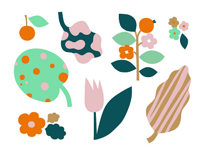 Flowers and Leaves berries cute flat color flowers friendly illustration leaves nature organic shapes vector