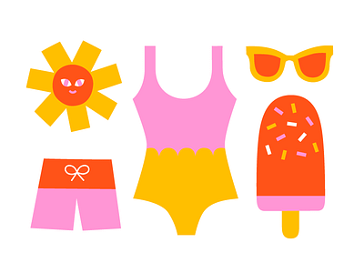 Summer Bits elements flat color fun ice cream illustration summer sun sunglasses swinsuit trunks vector