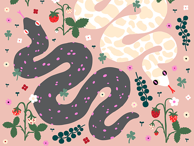 Snakes & Strawberries color harmony colorful flat color fun fun leena kisonen muted palette nature positive reptile scandinavian snake strawberry