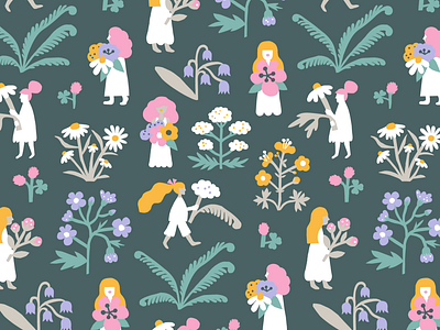 Midsummer Magic colorful cute flat color florals girls illustration leena kisonen nature pattern pattern design