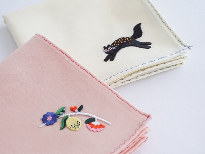 Vectors vs. Embroidery ✨ cat character colorful cute deco embroidery flowers handkerchief handmade happy illustration japan leena kisonen nature pastels scandinavian sweet
