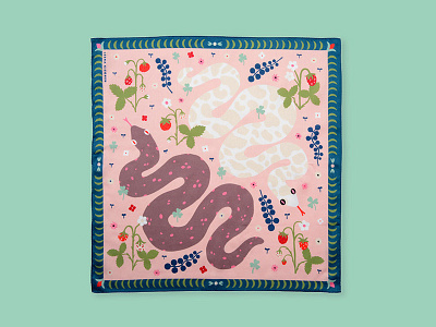 Snakes & Strawberries colorful flat color floral design illo illustration leena kisonen nature scarf snakes strawberries surface design textile print