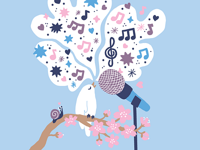 Ikigai character cherry blossom cute editorial illustration flat color flowers fun happy illustration japanese karaoke leena kisonen microphone music nature pastels sakura scandinavian sing sweet