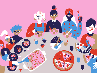 Eating together character character design colorful cute eating editorial illustration flat color food and drink food illustration friendly fun happy home illustration kitchen leena kisonen multicultural people illustration pizza scandinavian