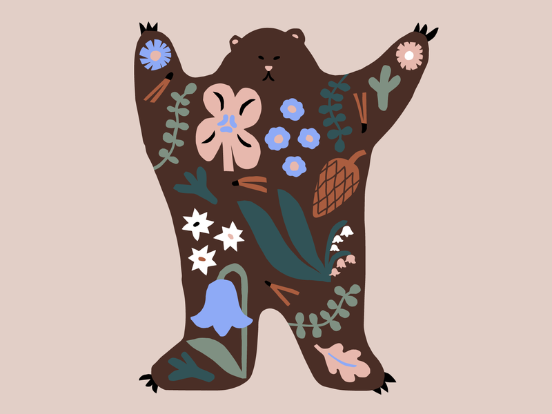 The Dancing Bear animal illustration bear brown character character design color harmony colorful cute flat color flat illustration flowers friendly illustration leena kisonen naive nature papercut pastels scandinavian scandinavian style