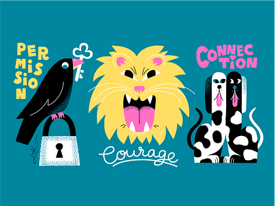 Permission Courage Connection animal illustration colorful connection courage flat color fun illustration illustration art leena kisonen lettering artist lettering logo permission scandinavian talk show