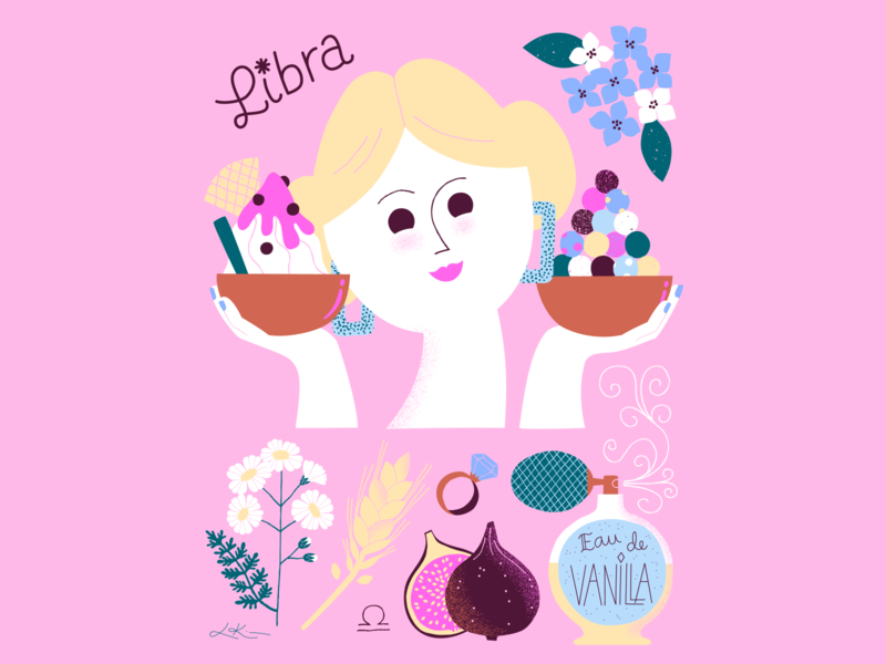 Libra Season balancing character colorful flat color friendly girl girl character girl illustration horoscope illustration leena kisonen libra pink poster art scandinavian zodiac