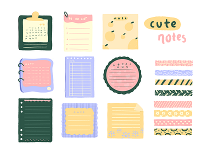 Cute notes stationery illustration pack colorful cute hand drawn illustration notes paper procreate stationery tape
