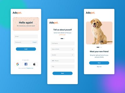 Adopet. Pet Adoption Application cat dog dog food minimal mobile app mobile ui onboarding pet adoption pet app pet care pets puppy ui uiux ux