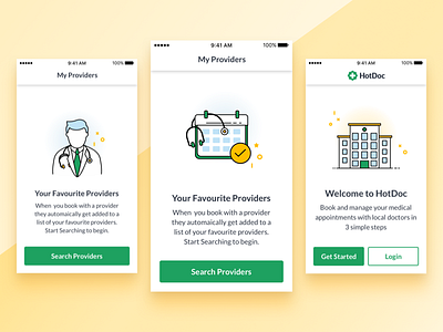Hotdoc Mobile appointments booking colour icons illustration ios medical mockup onboarding ui