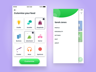 News Feed App categories colour gradient icons illustration interests menu ui
